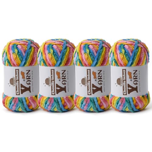 Image of 4 Pack Plush Chenille Chunky Yarn - Fluffy Velvet Yarn Crochet for Blanket Knitting and Crocheting - Soft Baby Yarns for Crocheting - Amigurumi Crochet Yarns 100g (87yds) (4 Neon)