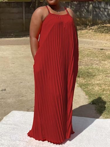 Image of Women's Summer Casual V Neck Sleeveless Strappy Pleated Flowy Loose Maxi Long Beach Dress