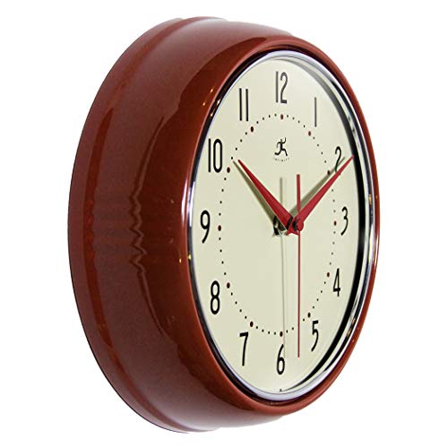 Infinity Instruments LTD. Retro 9 inch Silent Sweep Non-Ticking Mid Century Modern Kitchen Diner Wall Clock Quartz Movement Retro Wall Clock Decorative (Red)…