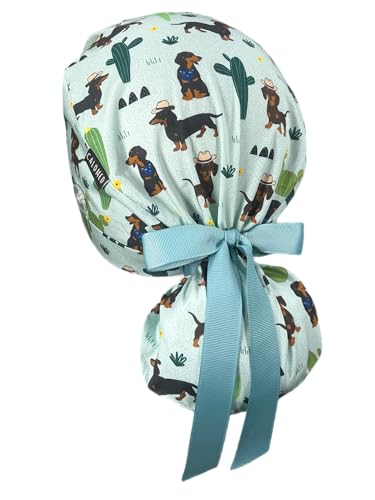 Image of Scrub Cap for Women and Men, Ponytail Scrub Caps, Working Hat, Head Cover with Ribbon Ties and Buttons, Long Hair