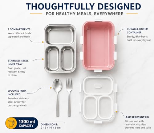 Image of Misamo Enterprise Stainless Steel Lunch Box for Kids & Adults, 3 Compartment Lunch Box, Leak Resistant Food Grade Tiffin Box with Spoon & Fork, BPA Free (Pink)