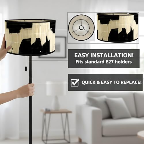 Image of Retro lamp shade, Wabi-Sabi Bamboo Lamp Shade, Hand-Woven Drum Light Cover for E27 Base 30X30x20CM, Easy Install Pendant Floor Wall Table Lamp Shade, Natural Mottled Shadow Effects