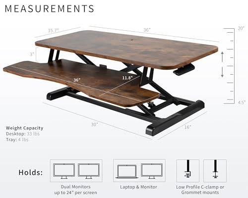 Image of VIVO 36 inch Desk Converter, K Series, Height Adjustable Sit to Stand Riser, Dual Monitor and Laptop Workstation with Wide Keyboard Tray, Rustic Vintage Brown Top, Black Frame, DESK-V036KN