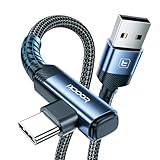 Câble USB C Charge Rapide 3A : Le toocki câble USB C à angle droit prend en charge la charge rapide (5V/3A, 9V/2A, 12V/1.5A) avec les protocoles QC3.0, AFC et FCP. C'est le câble de charge rapide idéal, offrant aussi un transfert de données jusqu'à 480 Mbps (USB 2.0). *Note : Les iPhones sont limités à la charge standard 5V/2A.