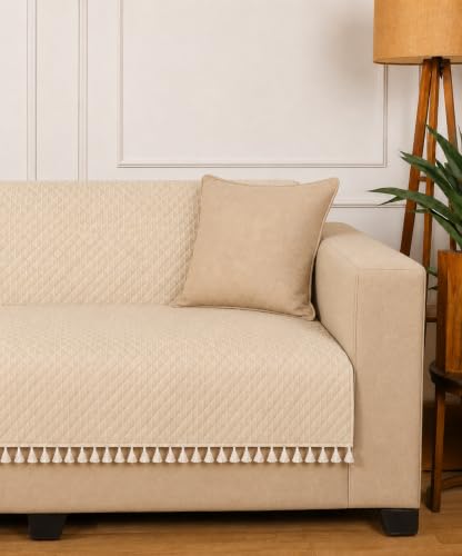 Image of Roseate Quilted Velvet Full Sofa Cover (3 Seater / 70 inchx54) Sofa Protector for Living Room /Bedroom interiors (Beige) with Tassels