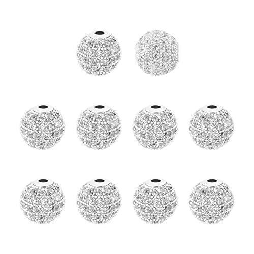 NBEADS 10 Pcs About 9.5~10mm Platinum Color Cubic Zirconia Beads, Clear Crystal Cubic Zirconia Pave Micro Setting Disco Ball Spacer Beads Brass Round Bracelet Beads for Jewelry Making