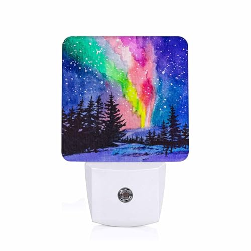 Image of LED Night Light,Winter Forest Northern Lights Snow Landscape LED Night Light Plug into Wall with Dusk to Dawn Light Sensor White Energy Efficient Nightlight for Bedroom Hallway Kitchen