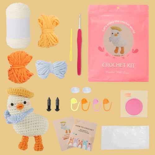 Image of Autglint Duck Crochet Kit for Beginners Adults & Kids, Amigurumi Learn to Crochet Starter Kit with 4K Step-by-Step Video Tutorials, Includes Pre-Started Yarn, Crochet Hooks & Accessories - White Duck