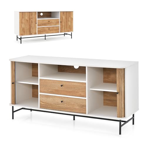 KOMFOTTEU Buffet avec portes coulissantes, armoire de buffet avec 2 tiroirs et 1 étagère ouverte, commode en bois avec protection anti-basculement, meuble TV...