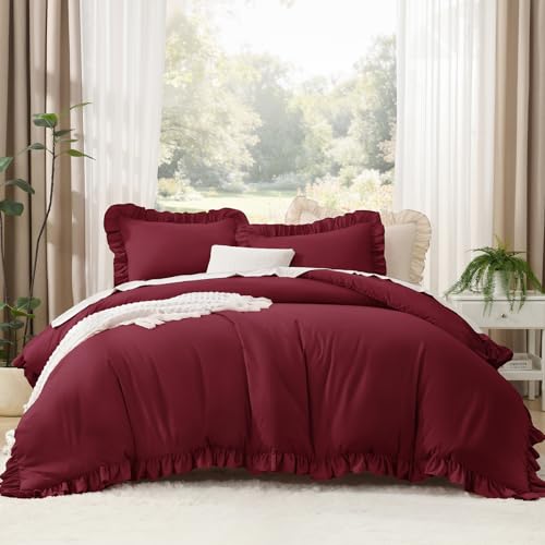 Image of Litanika Burgundy Twin Size Comforter Sets, 2 Pieces Ruffle Farmhouse Aesthetic Bedding Comforter Sets, All Season Soft Lightweight Fluffy Microfiber Bed Set(66x90In Comforter, 1 Pillowcase)