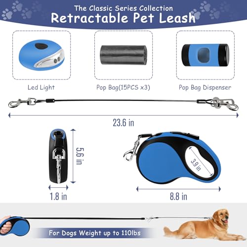 26Ft Retractable Dog Leash - for Dog Up to 110lbs, Tangle Free Walking Leash with Chew Proof Cable | LED Light | Dispenser | Poop Bags, Quick Lock Braking & Non-Slip Handle (Blue) - Image 3