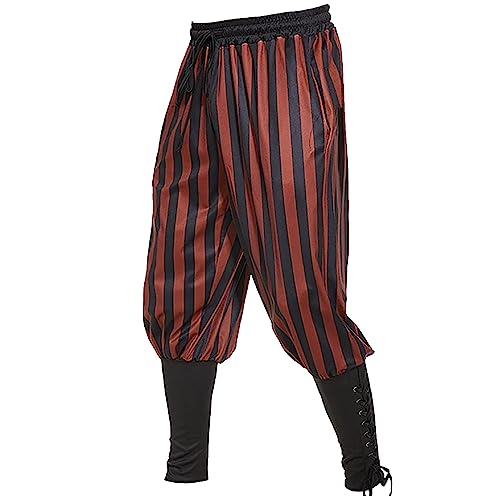 KBOPLEMQ Clown Hippie Trousers Men's Striped Steampunk Harem Trousers Men's Goa Trousers Long Men's Harem Trousers Baggy Pump Trousers Men with Pockets Elastic Waistband, Wine Red, S