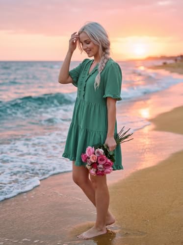 Image of Dokotoo Womens Summer Dresses 2026 V Neck A Line Short Sleeve Casual Ruffle Babydoll Mini Dress