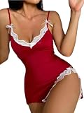 Sthxyfaith Womens Sexy Silky Satin Nightgown Lace Trim Strappy Babydoll Full Slip Nightdress Plus Size Pajamas Red X-Large