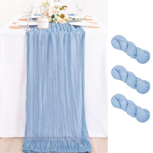 Image of MLMC 3 Pack Dusty Blue Table Runner 10ft Boho Gauze Cheesecloth Table Runner Bulk 35x120 Inches Rustic Cheese Cloth Decor for Wedding Bridal Shower Baby Shower Party Decor