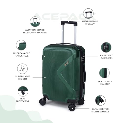 Image of ACEPACK Brampton 56 cms Dark Green Hard Sided Cabin Size Luggage Trolley Bag for Travel Suitcase with 8 Spinner Wheels for Men and Women,