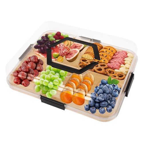 Yallmie 6 Compartiments Plateau à Fromage en Bois, 35,7×28,1×2,3cm Planche à Charcuterie avec Couvercle et Fermetures, Planche Charcuterie Plateau de Service pour Fruits, Collations, Desserts, Légumes