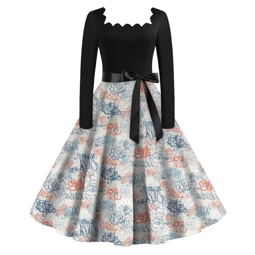 Damen Kleid Lang Vintage Rockabilly Cocktailkleid Damen Langarm Elegant Blumen Schwingen Partykleid 60er Jahre Petticoat Kleider A Linie Abendkleid...