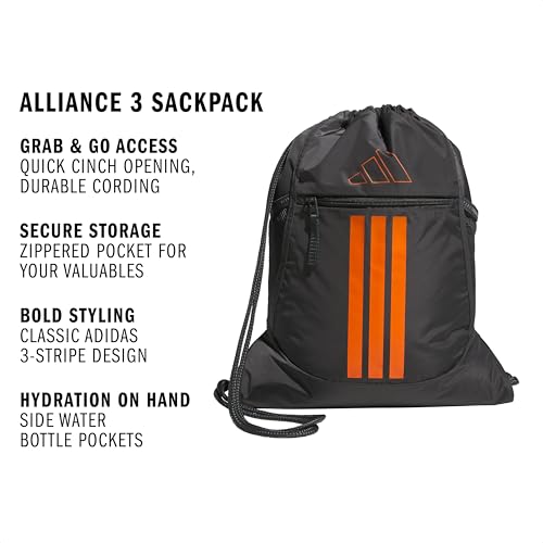 Image of adidas Alliance Sackpack - Drawstring Backpack Small Bag for Men and Women, 3 /Grey Six /Pure Orange, One Size, Alliance Sackpack - Drawstring Backpack Small Bag for Men and Women