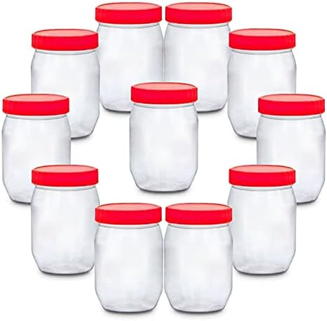 Pack of 12 Round 300ml Plastic Storage Jar With Screw Top Lids Red Airtight Food Storage Containers BPA Free For Kitchen, Herb, Spices, Sweets Clear Canister pots