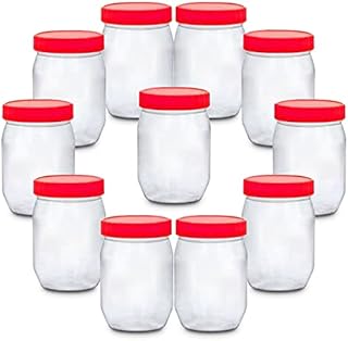 Pack of 12 Round 300ml Plastic Storage Jar With Screw Top Lids Red Airtight Food Storage Containers BPA Free For Kitchen, Herb, Spices, Sweets Clear Canister pots