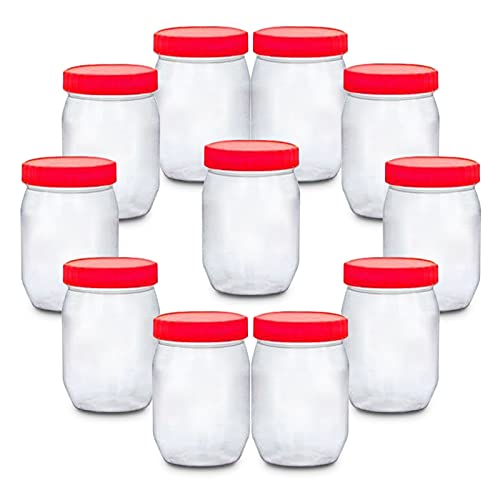 AFSUK Pack of 12 Round 300ml Plastic Storage Jar With Screw Top Lids Red Airtight Food Storage Containers BPA Free For Kitchen, Herb, Spices, Sweets Clear Canister pots