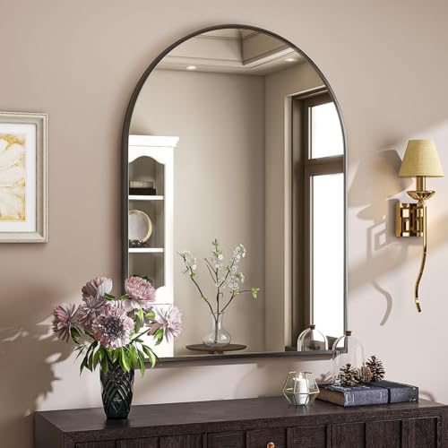Image of VooBang Arched Wall Mirror, 30 x 38 inch Arch Bathroom Mirror, Wall Mounted Vanity Mirror with Arch Metal Frame, Modern Bathroom Vanity Mirror for Bedroom, Living Room, Hanging or Leaning, Black