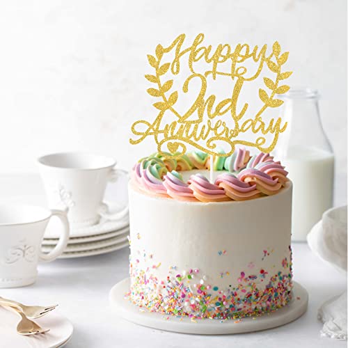 Gwing Happy 2Nd Anniversary Cake Topper, Gold Glitter- Celebrating 2Nd Birthday Decor-Cheer To Baby Two Years Old Birthday Wedding Party Decorations Supplies #TOP3