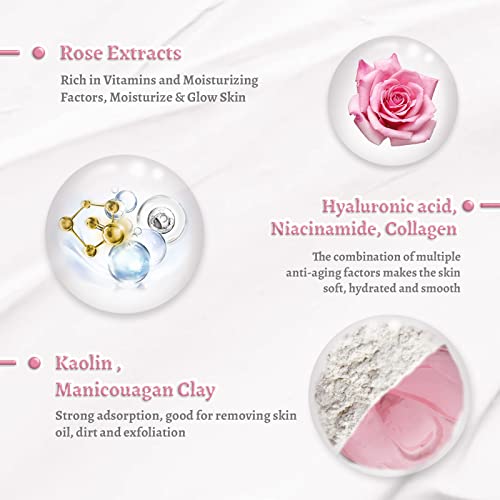 ANAI RUI Rose Facial Mask, Deep Cleansing, Clay Mask with Kaolin Pink Clay, for Women, Niacinamide, Collagen, Hyaluronic Acid for Moisturizing & Smooth Skin, Pores Minimizers, 4.23Oz
