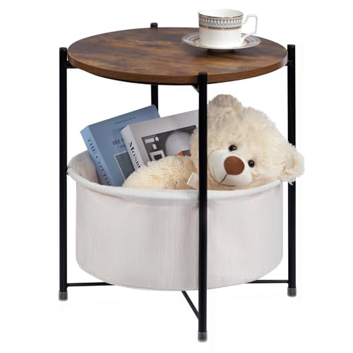 HollyHOME Mesa Auxiliar Redonda Mesa de Café con Bandeja Madera, Mesa Pequeña con Cesta de Tela, Mesita de Noche Mesa de Sofá Mesa Auxiliar para Sala de Estar Dormitorio, Nogal Oscuro