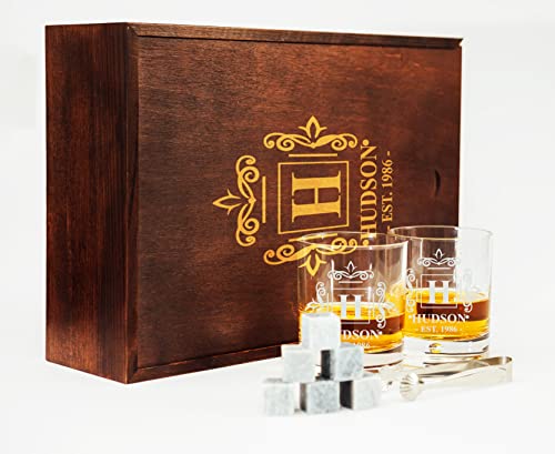 Whisky-Steine Set personalisiert und graviert für Herren, Whiskyglas und Steine mit Holzbox, 6 Whisky-Steine aus Granit und Gläser 280ml Cover