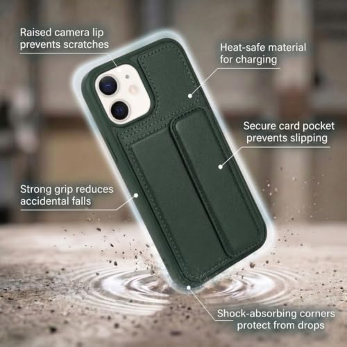 Image of amazon basics Luxury Vegan Leather Back Cover for iPhone 12 Pro | Built-in Card Holder Slot | Integrated Mobile Stand | Slim Shockproof Protective Case with Stitched Finish - Green