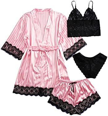 SOLY HUX Women's Satin Pajama Set 4pcs Floral Lace Trim Cami Lingerie Sleepwear with Robe Striped Pink M