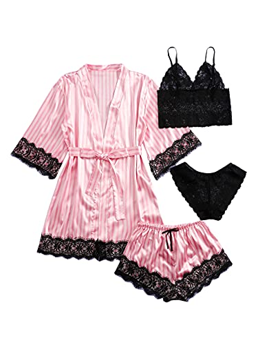 Soly Hux Women's Satin Pajama Set 4Pcs Floral Lace Trim Cami Lingerie Sleepwear With Robe Striped Pink M #TOP23