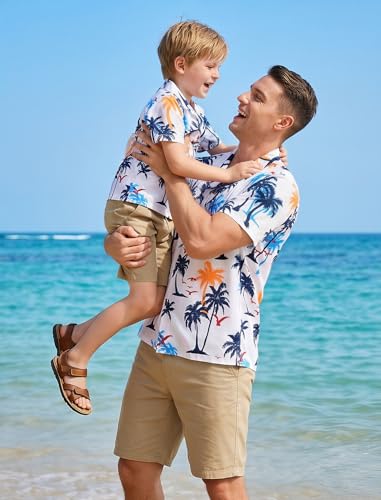 Image of AWIBMK Hawaiian Family Matching Outfits Mother Daughter Tropical Dresses Father Son Shirts for Beach Vacation Luau Party