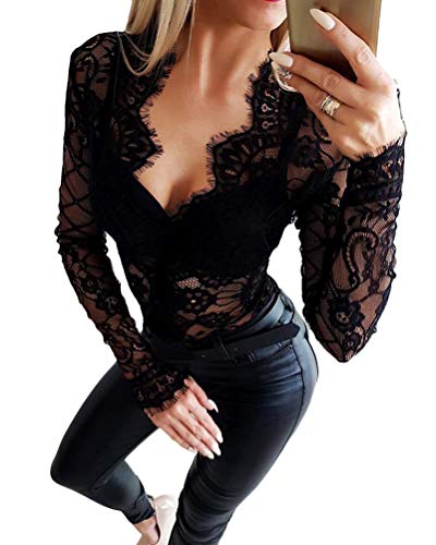 Minetom Femme Body Sexy Manches Longues Noir Bodysuit Haute Top Col V Dentelle Casual Clubwear Noir 44