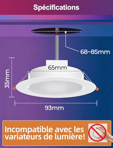 iLC Spots LED Encastrable 8W (équivalent 60W) Découpe 68-85mm, 16 millions de couleurs avec commande par application, 800lm, 2700K-6000K+RGB, Bluetooth IP44 Rond pour chambre et salon (lot de 4) – vue 2