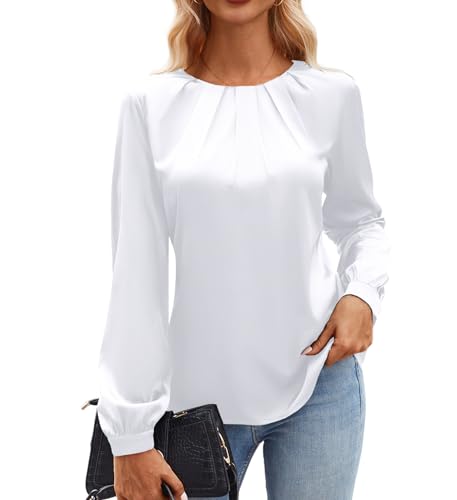 Bluetime Women's Silk Dressy Casual Business Blouse Pleated Long Sleeve Shirts Satin Office Work Tops Fall Outfits2