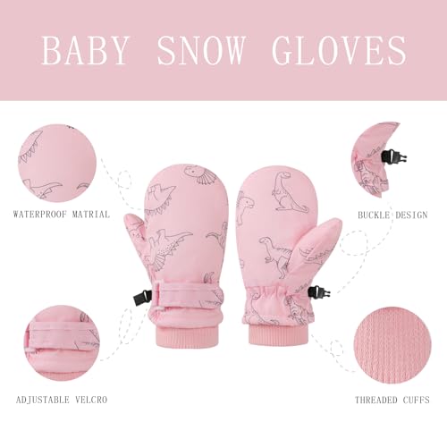 Image of Urban Virgin Toddler Winter Gloves Kids Waterproof Snow Mittens Baby Mittens Boys And Girls Cuffed Snow Gloves C-PinkDino S(1T-3T)