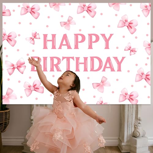 Pink Bow Party Decorations Bow Happy Birthday Backdrop Photography Background Cloth for Girls Kids Photo Booth Birthday Party Decor Supplies by Merrystorm - Image 5