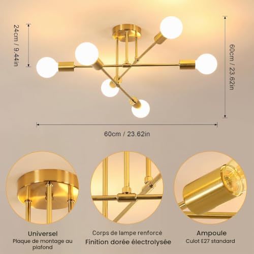 DELIPOP Lustre Sputnik Vintage, 6 Lumières E27 Plafonnier Moderne Doré – vue 3