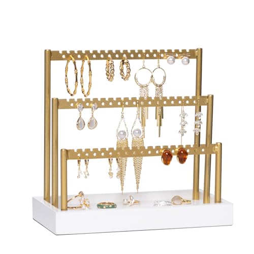 SANY DAYO HOME 3-Tier Earring Holder Organizer Stand, 105 Holes Gold Metal Earring Rack Jewelry Display Tree with White Wood Tray for Women and Girls by SANY DAYO HOME - Used condition - US$17.73