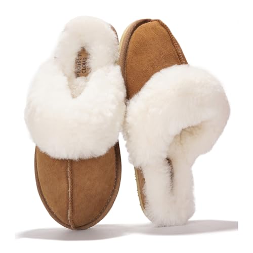 Image of Project Cloud Genuine Leather Slippers for Women with Genuine Fur Lining, Non-Slip Indoor /Outdoor Clog Mule Slippers, Memory Foam Insole