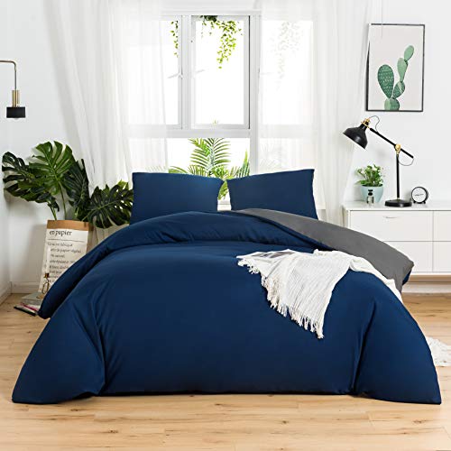 MOHAP Parure de Lit Réversible avec Fermeture éclair Microfibre 220x240 cm Bleu + Gris Foncé et 2 Taies d'oreiller 65x65 cm Housse de Couette Adulte