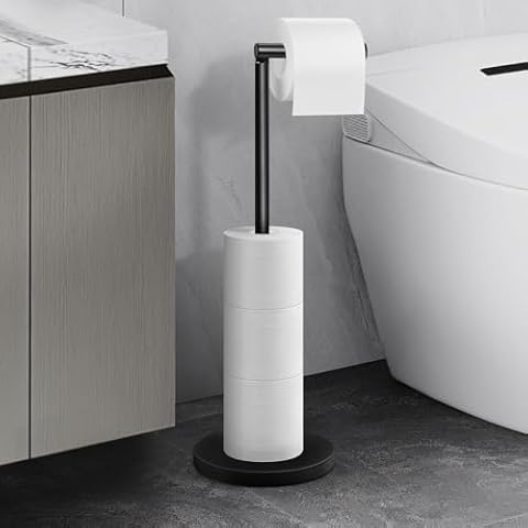 Cesun Toilet Paper Holder Stand Free Standing, Black Toilet Paper Storage with Heavy Weighted Base, Bathroom Stainless Steel Toilet Paper Roll Holder, Non-Slip, Matte Black Cover