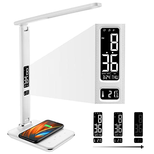 Desk Lamp with Imitation Leather Finish, LED Desk Lamp with Wireless Charger, Desk Lamps for Home Office,Table Lamp with Clock, Alarm, Date, Temperature