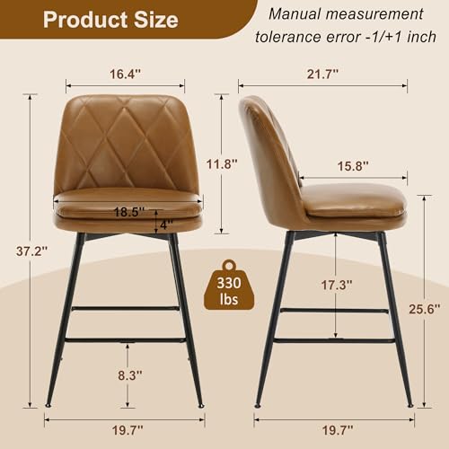 Image of Swivel Bar Stools Set of 2, Swivel Counter Height Bar Stools Set with Metal Legs and Upholstered Faux-Leather Seats, Modern Bar Stool with Back for Kitchen Island (A26 H, Brown)