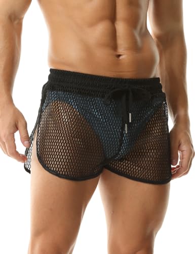 Rexcyril Men's Mesh Shorts Sexy See Through Underwear Sheer Fishnet Split Side Boxer Briefs3