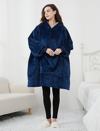 Image of KFUBUO Wearable Blanket Hoodie for Adults With Pocket Navy | Sherpa, Fuzzy Blanket Hoodie, Oversized Sweatshirt Blanket, Kangaroo Pouch, Gifts for Mom, Cute Stuff