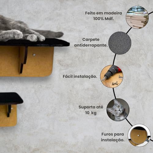 Kit 2 Prateleiras + 4 Degraus Em Mdf Com Carpete Antiderrapante Fixo de Parede
